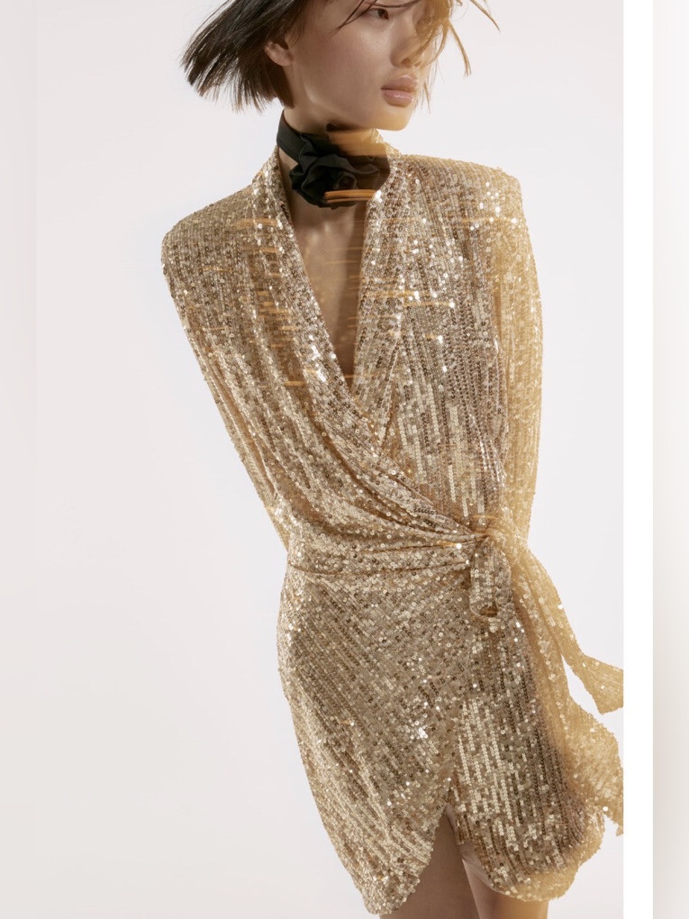 ZARA Gold Sequin Wrap Mini Dress